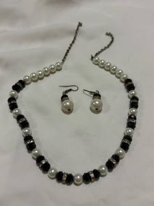 Pearl &amp; Black Bead Necklace with Earrings Set