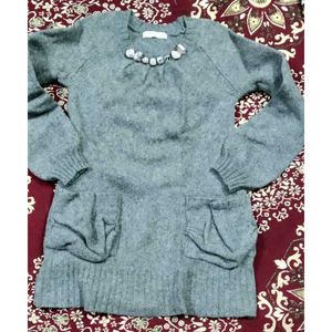 Gray Knit Sweater Dress with Embellished Neckline