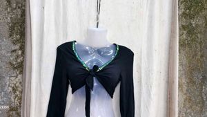 22139. Sequin Trim Tie-Front Bolero
