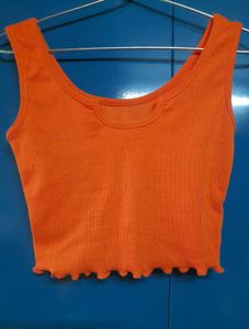 Orange Crop Tank Top With U Notch Neck Lettuce Hem