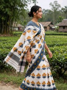 Elegant White Saree with Blue &amp; Yellow Motifs