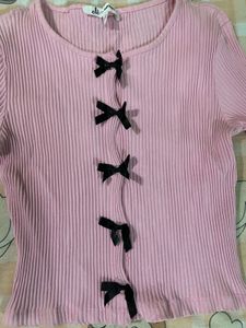 Cute Pink Ribbed Top with Bows