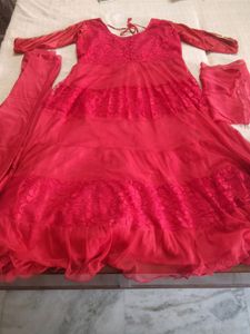Tomato Red Net Anarkali Party Wear Gorgeous Suit (With Bottom+ Duppta)