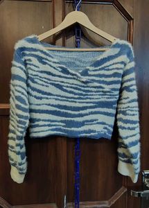 Fluffy Blue & White Zebra Print Sweater