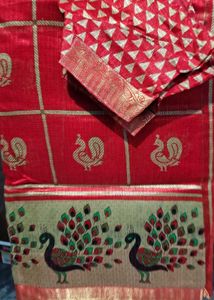 Red and Gold peacock printed saree 🦚❤️