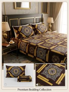 Elegant Brown&amp;Gold Medallion Double Bed Sheet Set