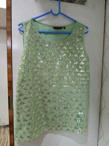 Mint Green Sequin Top and yellow jacket