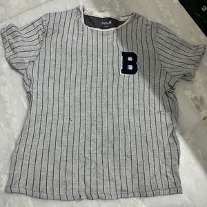 Gray Striped T-Shirt with 'B' Patch