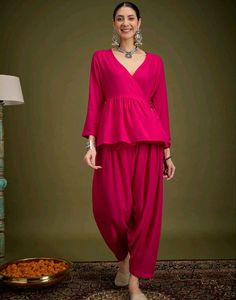 Cotton Fuchsia Angrakha Dhoti Coord Set