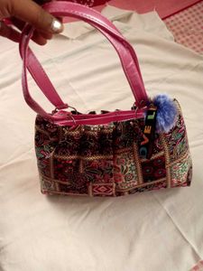 Cute Patchwork Handbag with Pom Po