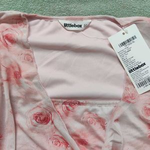 Pink Floral Mesh Tie-Front Top