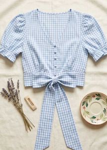 Pastel Blue Gingham Bow Crop Top