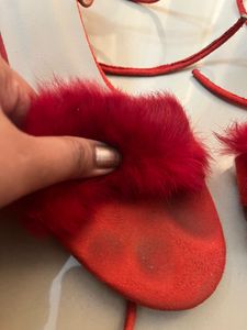 Red Lace-Up Heels with Fur Accent