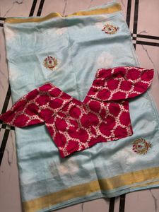 Elegant Light Blue Saree with Pink Blouse