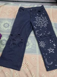 Women Black Jeans Hand-Painted Sun & Moon