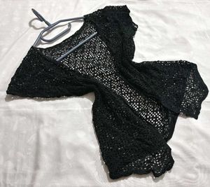 🎁Boho Black Crochet Open Knit Cardigan M