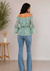 Mint Floral Off-Shoulder Chiffon Peplum Top