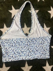 Blue Floral Halter Neck Crop Top