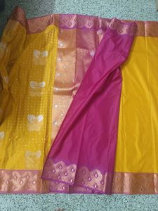 beautiful yellow and pink semi silk saree