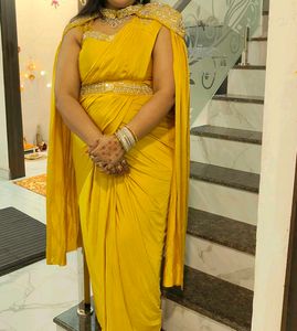 Elegant Yellow ready to wear saree with Cape