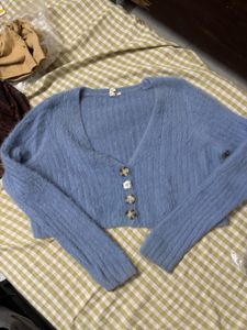 Blue Fuzzy Cropped Cardigan