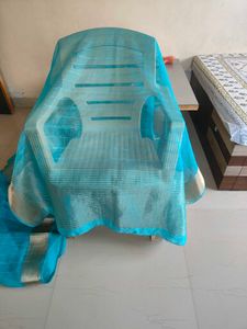Aqua Blue with zari border saree