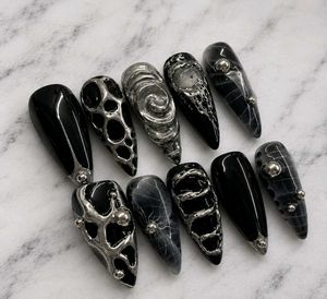 Hand made Gothic Black &amp; Silver Press-On Nails