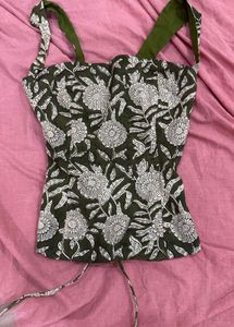 Green Floral Print Corset Top y2k