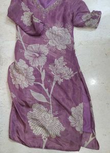 Purple Floral Kurta with Embellished Neckline