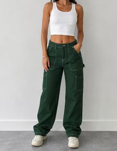 Green Cargo Pants with Contrast Stitching