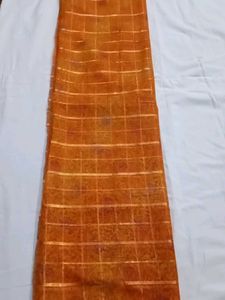Elegant Orange Saree with Golden Checks