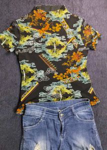 Sheer Floral Print Mock Neck Top