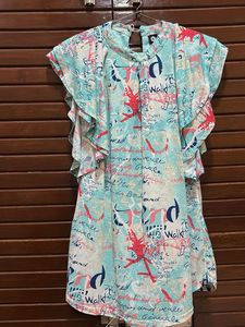 womens graphical print long top with bell sleeves