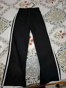Black Wide Leg Track Pants with White Stripes