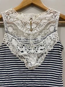 Striped Fitted Top With Embellished Neck Pattern