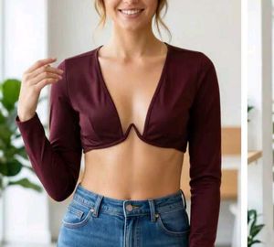 Maroon Plunge Neck Long Sleeve Crop Top