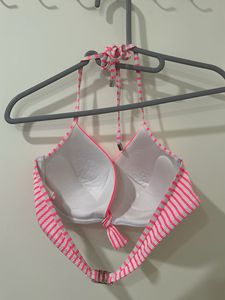 Chic Pink &amp; White Striped Tie-Front Halter Bikini