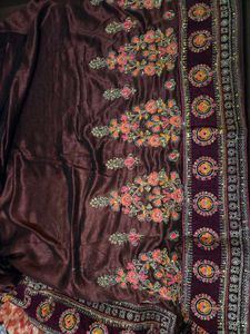 Embroidered  Brown Cotton Silk Saree