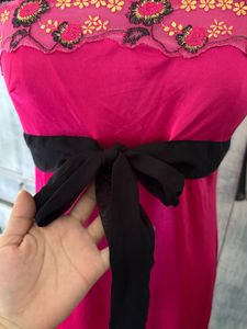 Vibrant Pink Mini Dress with Black Bow