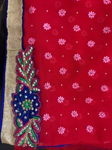 Vibrant Red Saree with Floral Embroidery