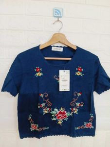 Blue Embroidered Crop Top