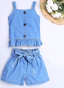 Blue Girl Solid Blouse And Short Set