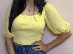 Pastel Yellow Puff Sleeve Women's Crop Top ! 💛