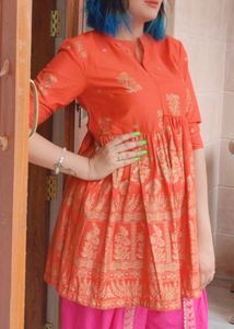 Sangria Orange Gold Foil Kurta – Size M