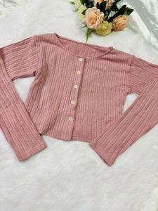 Cute Pink Ribbed Button-Up Cardigan
