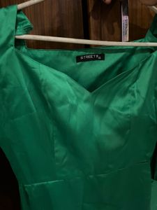 Emerald Green Satin Puff Sleeve Dress