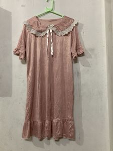 Pink Satin Nightgown with Lace Collar