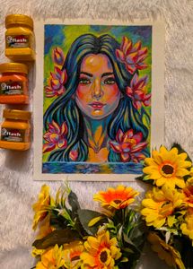 Vibrant Portrait Painting with Lotus Flowers