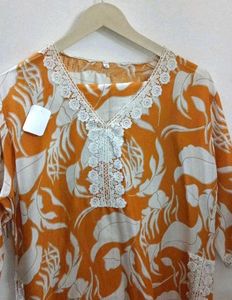 Orange Floral Print Kurta with Lace