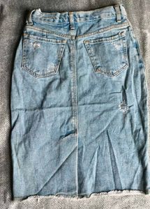 I. Light Wash Distressed Denim Midi Skirt